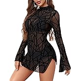 Avidlove Mesh Mini Dresses for Women Bell Sleeves Bodycon Turtle Neck Split Lingerie Dress Vacation Party Outfits Clubwear