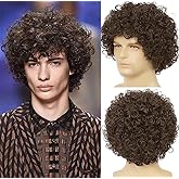 Dai Cloud Short Brown Curly Afro Wig for Men Fluffy Rocker Synthetic Wigs for Cosplay Costume Wigs(Dark Brown)