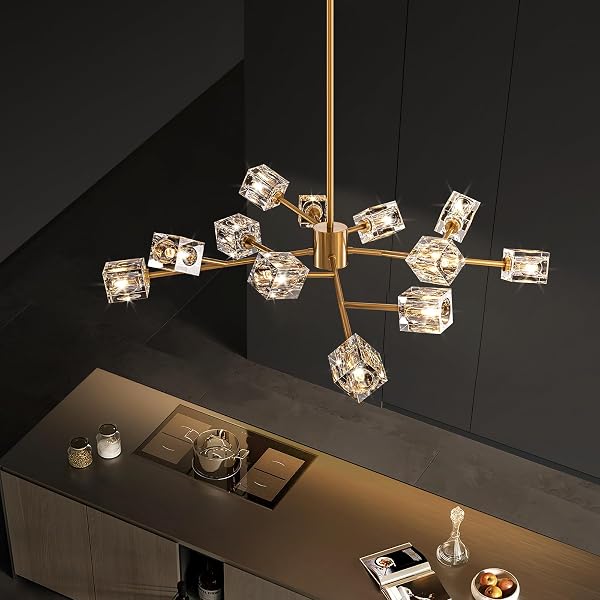 HLMRCHEN GOLD DINING ROOM CHANDELIER,CRYSTAL MODERN CHANDELIERS, 12 LIGHTS SPUTNIK KITCHEN DINING ROOM LIGHT FIXTURE(36″