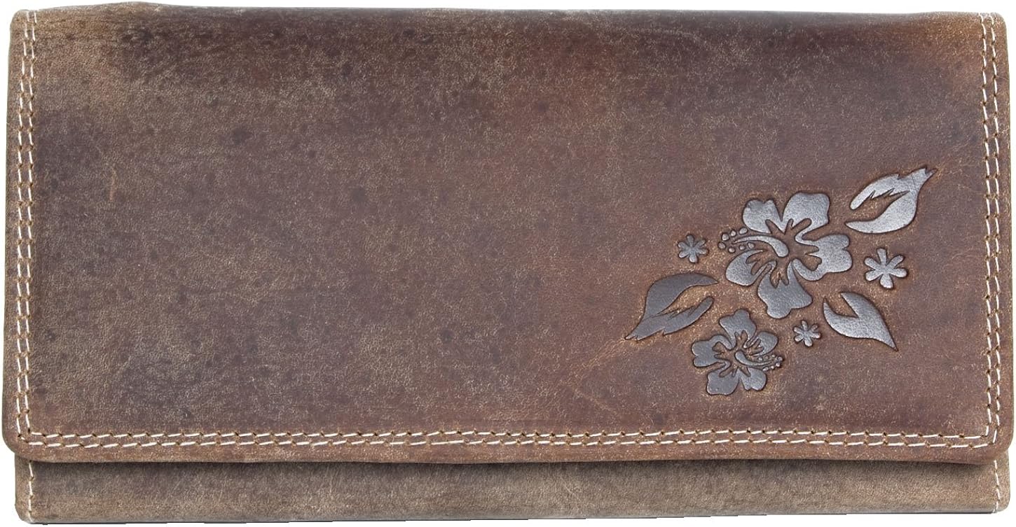 Women's Genuine Leather Wallet with Partial Ornamental Stamping, Brown