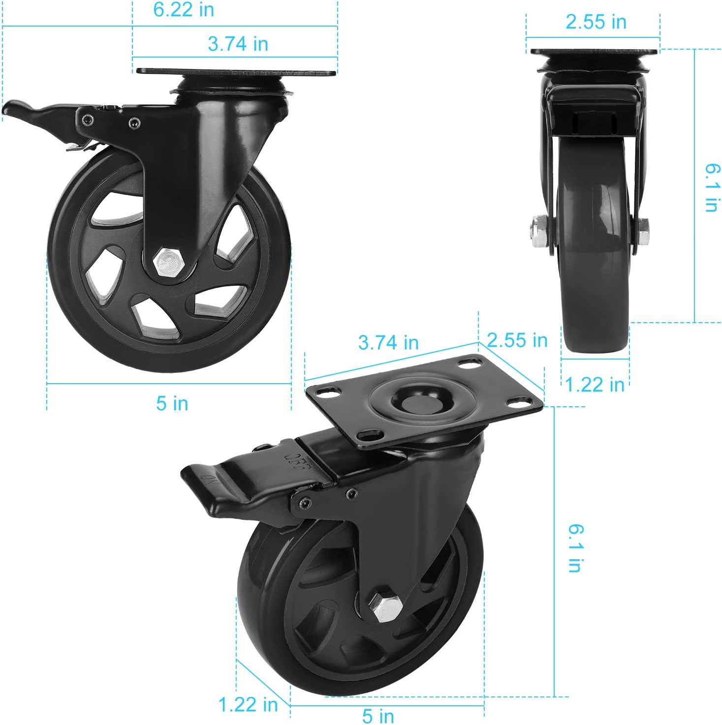 PRITEK 5 inch Caster Wheels Bearing 1500lbs 4 Pack Heavy Duty Rubber Plate Casters all with Safety Brake No Noise Lockable Swivel Casters (include 16pcs screws): Automotive