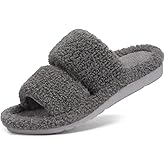 Litfun Women's Fuzzy House Slippers with Moderate Arch Support Open Toe Cozy Bedroom Shoes Indoor Outdoor,Dark Grey, EU39