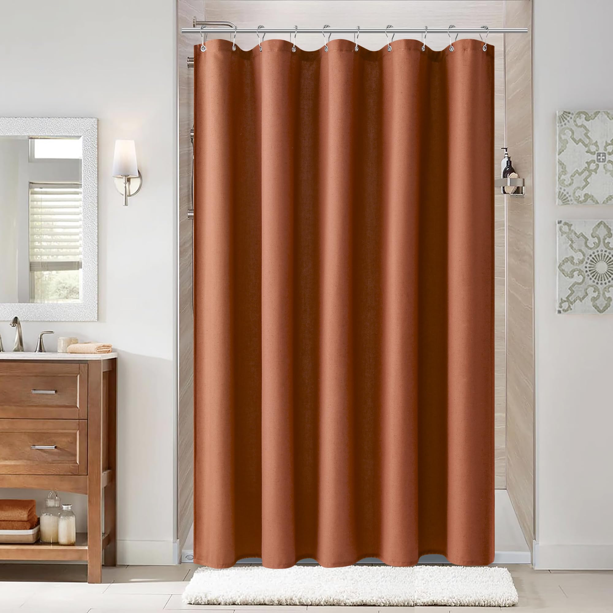 Naturoom Terracotta 54 Inch Boho Shower Curtain - Stall Narrow Half Linen Ultra Thick Fabric Shower Curtain Set with Hooks, Farmhouse Rustic RV Camper Bath Curtains for Bathroom, 54x78 Image
