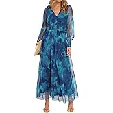 ANRABESS Women's Floral Maxi Dress 2025 Fall V Neck Puff Long Sleeve Flowy Casual Wedding Guest Tea Party Tulle Dresses
