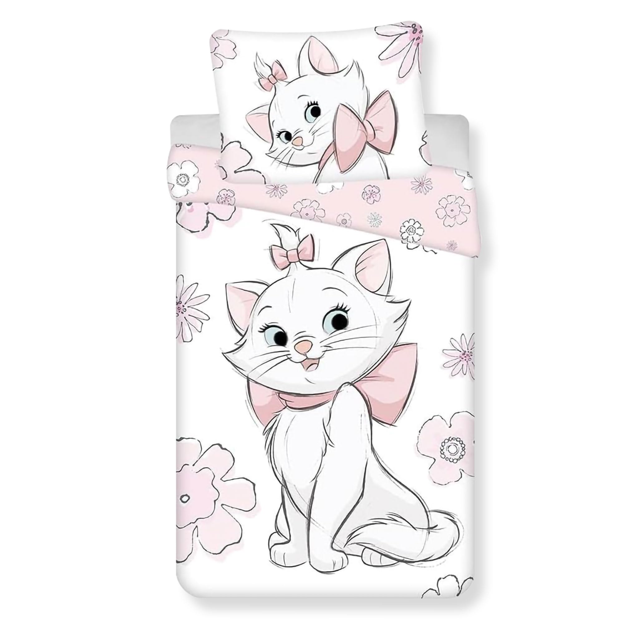 Jerry Fabrics Aristocats Marie Flowers Single Duvet Cover and Pillowcase Set- 100% Cotton Bedding in European Size - Reversible Duvet Set for Kids - Comfortable & Breathable - Cute Design