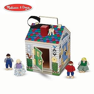 Melissa & Doug Take-Along Wooden Doorbell Dollhouse (Doorbell Sounds, Keys, 4 Poseable Wooden Dolls, 9" H x 6.8" W x 6.8" L)