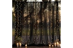 PARTISKY 10x10ft Black Tulle Backdrop Curtain with Lights String for Parites, Sheer Backdrop Curtains for Wedding Baby Shower Birthday Party Photo Shoot Decorations