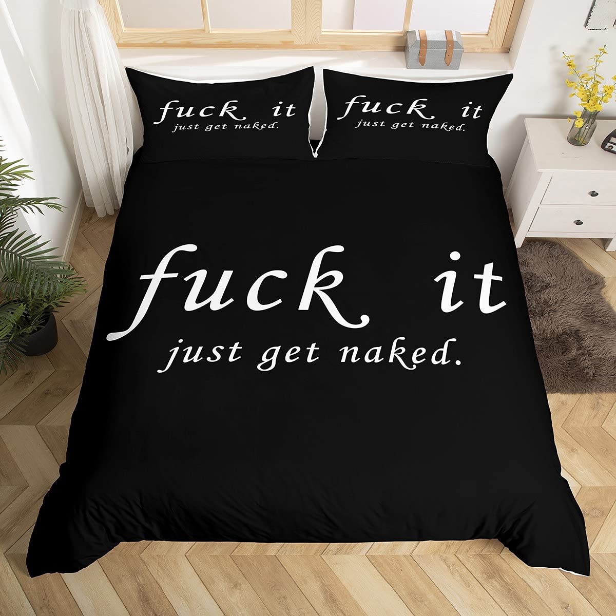 Funny Quotes Bedding Set Get Naked Comforter Cover for Couple Lover Men Women Romantic Duvet Cover Black and White Creative Words Bedding & Linen 3Pcs With 2 Pillow Case King Size — image 1