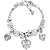 KaGrbves Charm Bracelet for Women, Heart Shape Glass Beads Sliver CZ Cross Snake Chain Bracelet, Trendy Charm Bracelet Jewelry Gifts for Women