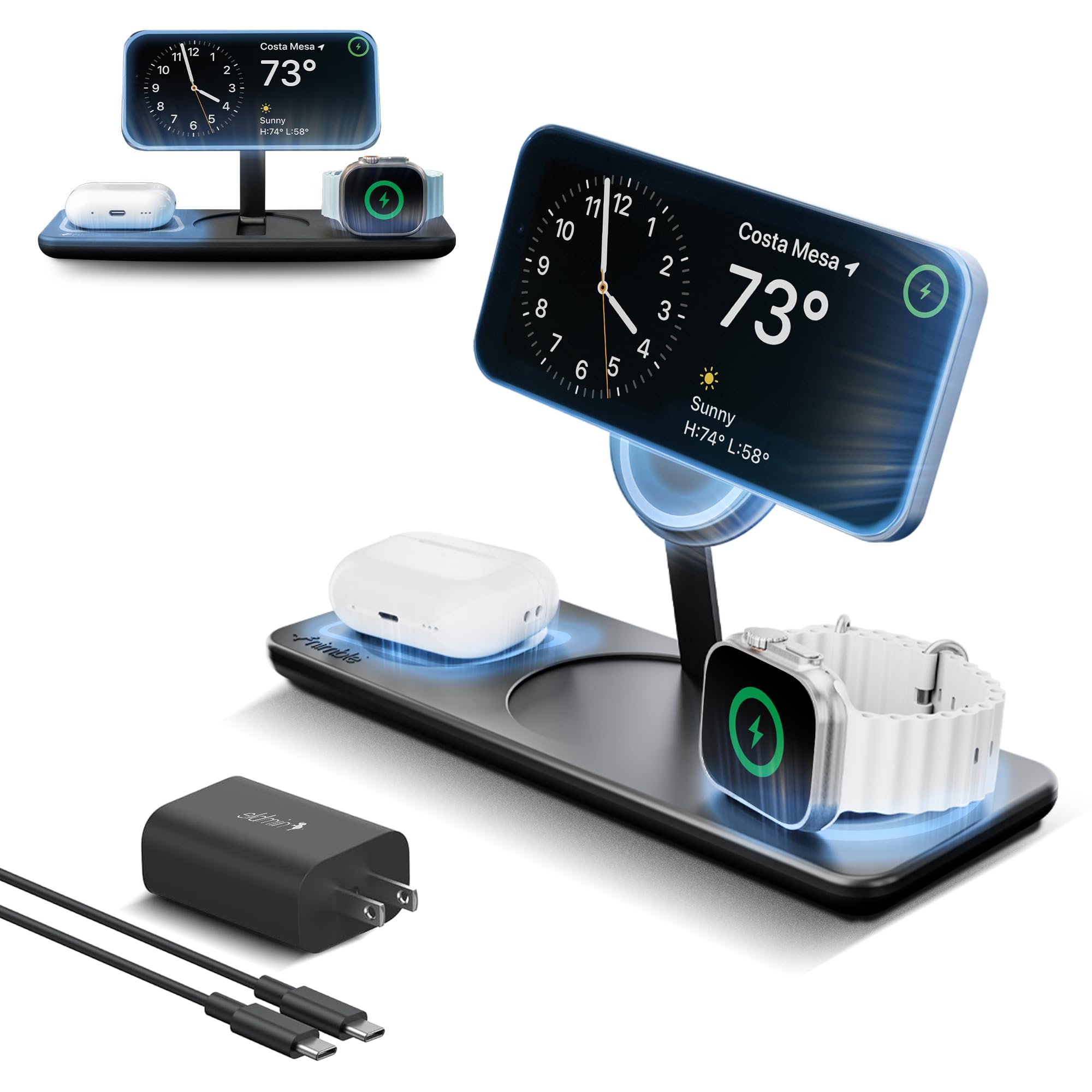 Nimble Podium 3-in-1 Wireless Charging Station for Apple, Qi2-Certified 15W Magsafe Charger Stand, Wireless Charger for iPhone 17 16 15 14 13 - Apple Watch - Airpods Series (Charger & USB-C Included)