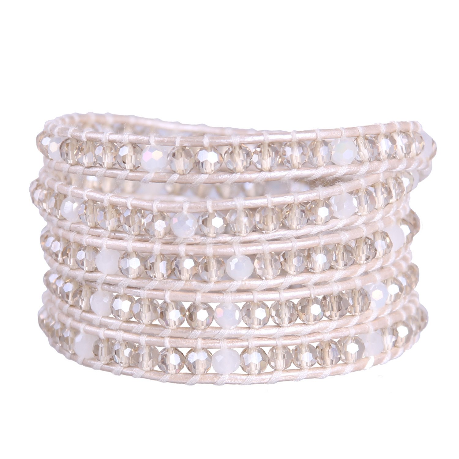 KELITCH Crystal Beaded 5 Wrap Bracelets Leather Bracelet Handmade Women Friendship Bracelets (Beige 2)