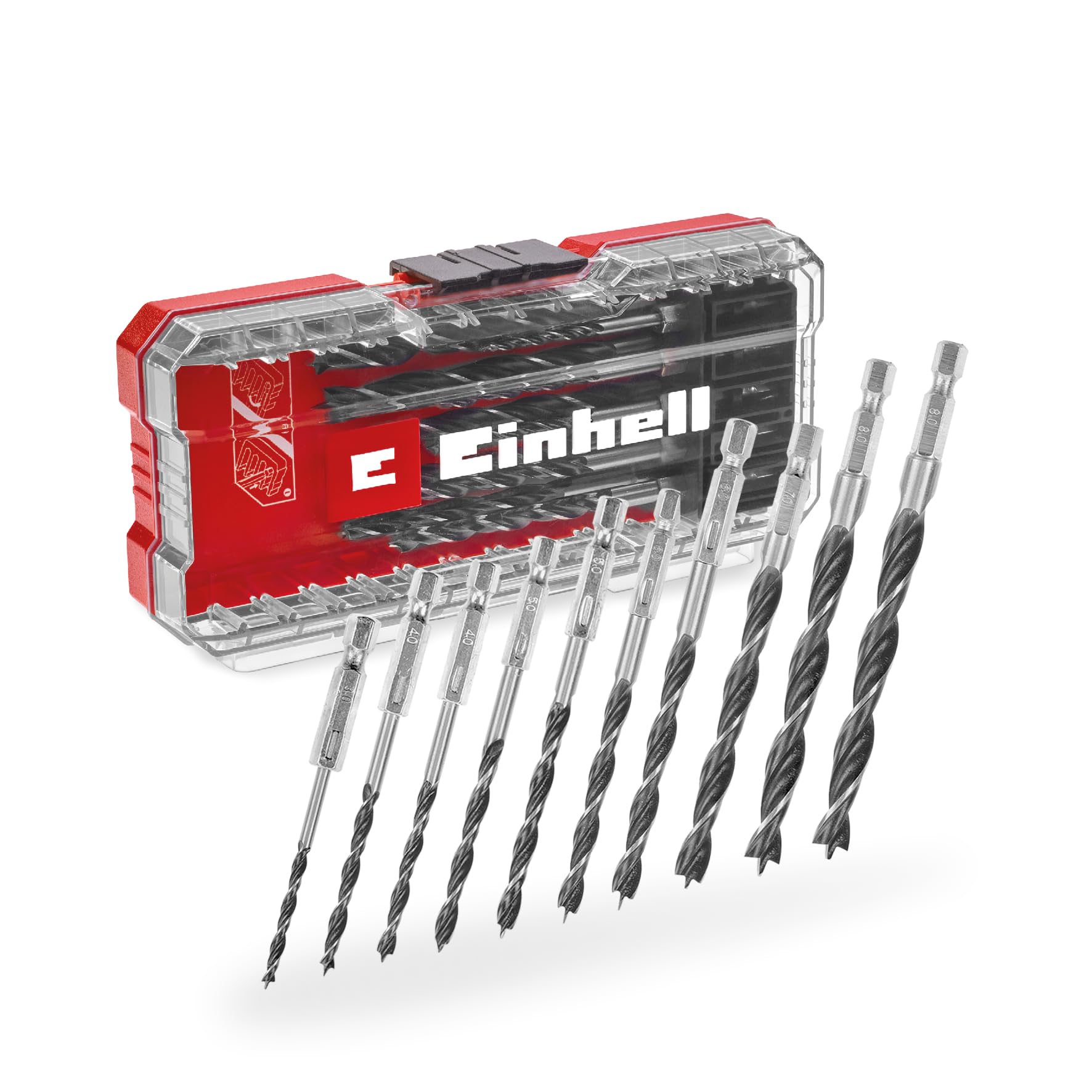 Original Einhell S-CASE 10-Piece Wood Drill Bit Set (Double-Spiral, Made of Roll-Rolled C45 Tool Steel, E 6.3 Shank, 3-Point Ground Joint, Centring Tip incl. Storage Box)