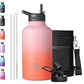 Coolplus Insulated Water Bottle 64 oz, Half Gallon Water Jug With Straw Stainless Steel Double-Walled Vacuum Metal Large Flask With Carry Sleeve for Sports Gym Ourdoor, Keep Cold 48 Hrs, Orange