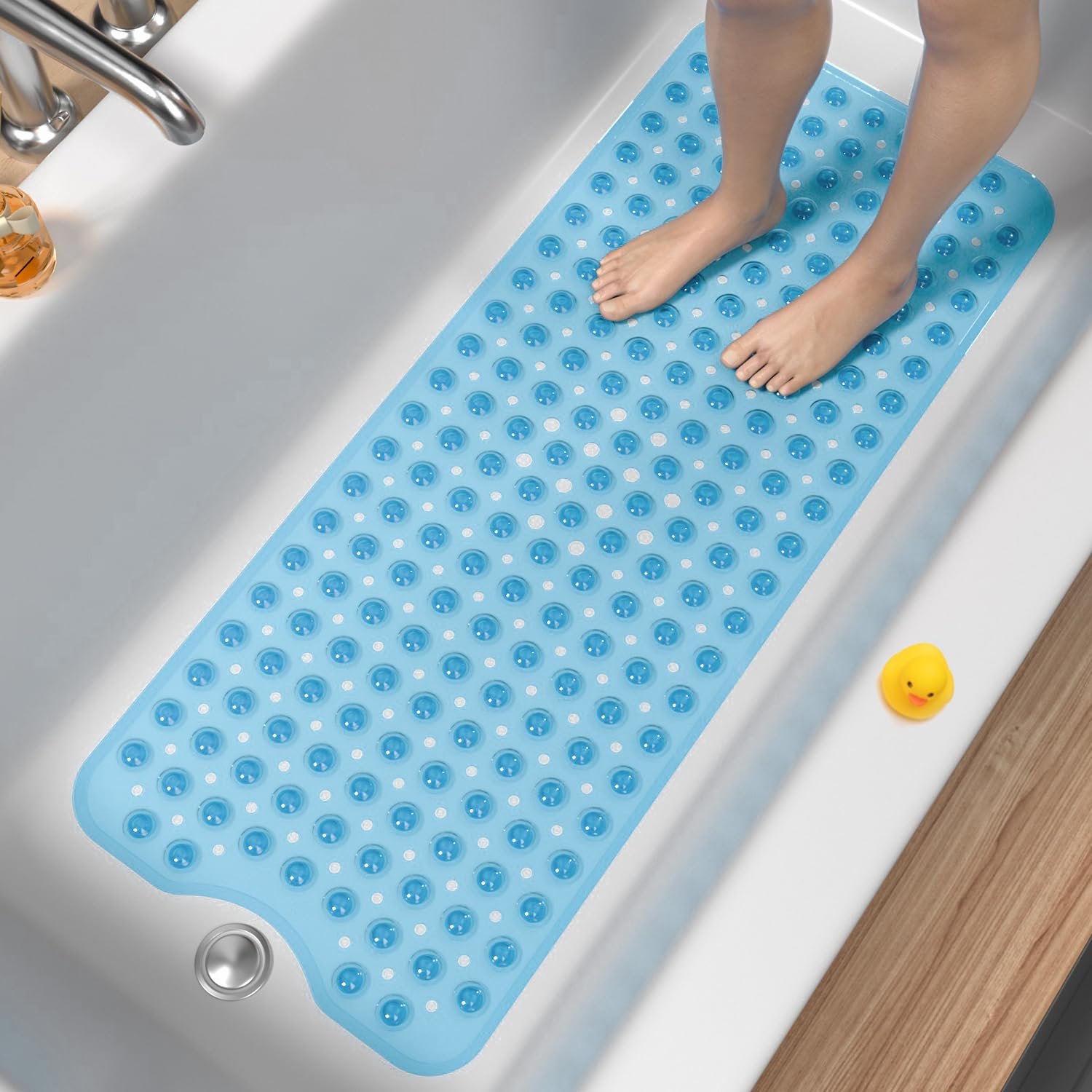 HITSLAM Non Slip Bath Mat for Tub, 101 x 40cm Extra Long Shower Mat Anti Mould, Machine Washable Bathroom Bathtub Mat with Suction Cups and Drain Holes, Soft on Feet, Clear Blue