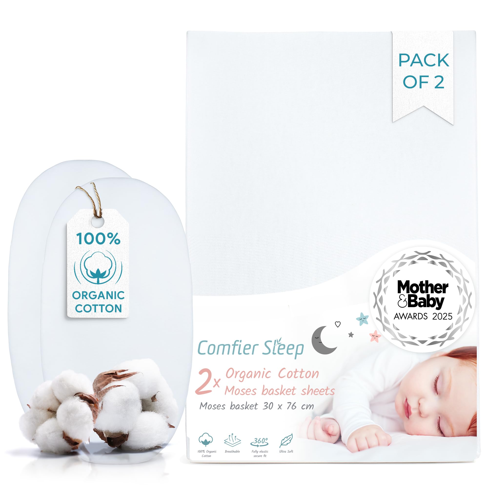 White Moses Basket Sheets 30x76cm – 2 Pack Organic Cotton Soft Pram Sheets Fitted for Baby Bed Comfort