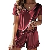 Ekouaer Satin Pajamas for Women Short Sleeve Silk Sleepwear 2 Piece Pjs Set with Ruffled Shorts Casual Loungewear
