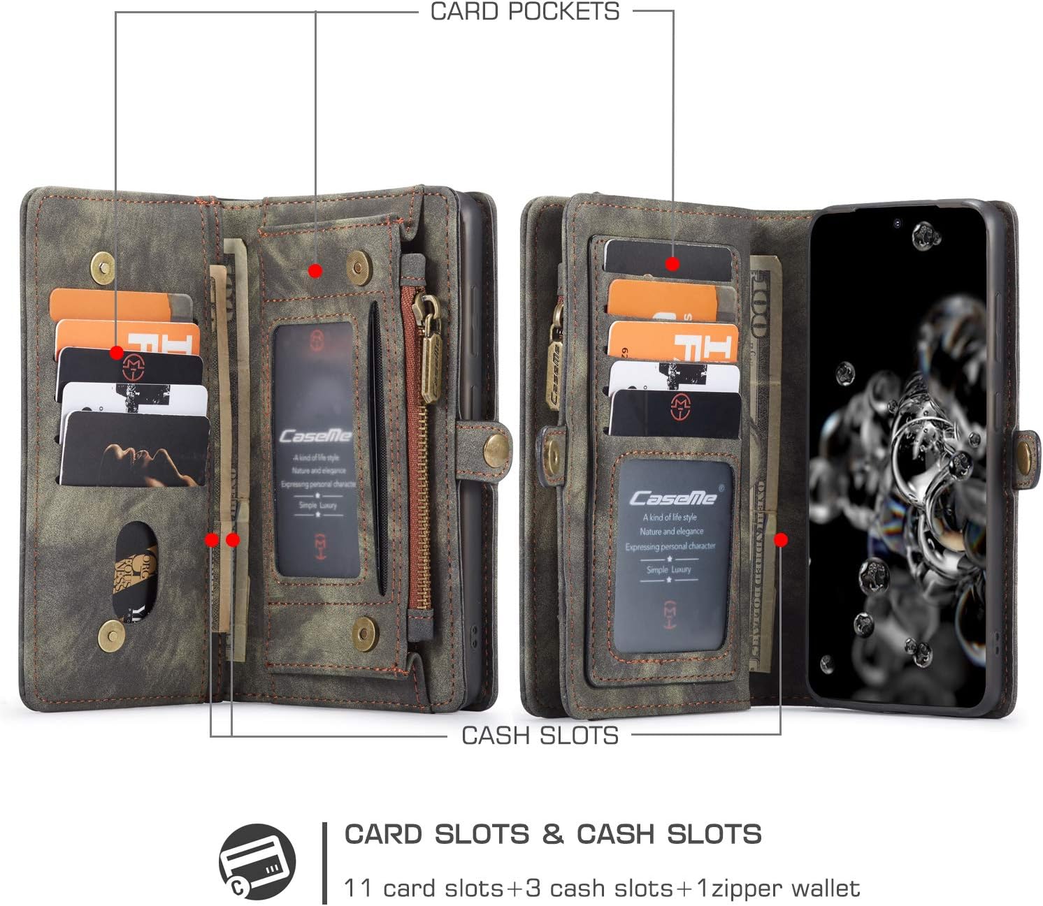 ANROD Detachable Leather Wallet Case for Samsung Galaxy S20 Plus,CaseMe Magnetic Closure 2-in-1 Flip TPU Shockproof Zipper Purse Back Cover with Card Slots (Black) - Image 4