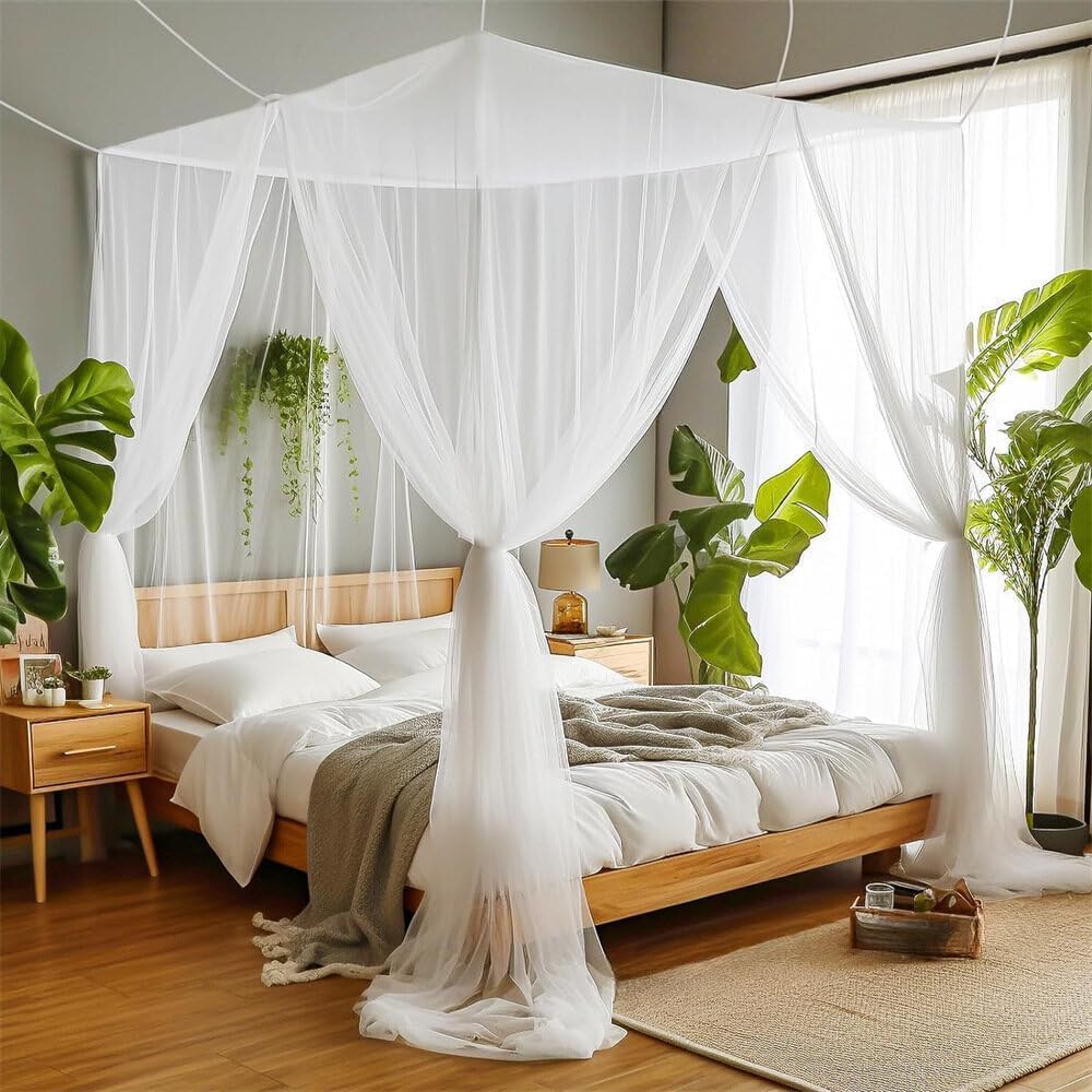 SZHTFX Mosquito Net for Double Bed 4 Corner Post Bed Canopy for Anti-Insect Hanging Net for Single to King Size Bed for Outdoor or Indoor, Bedroom, Travel, Camping (White) (White)