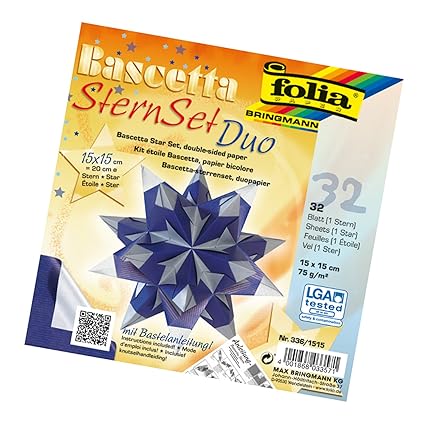 Folia 3361515 Bastelset Bascetta Stern Duo Blausilber 32 Blatt 15 X 15 Cm Fertige Größe Des Papiersterns Ca 20 Cm Mit Ausführlicher Anleitung