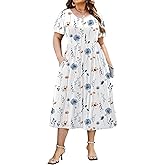 IN'VOLAND Women Plus Size Short Sleeve Dress Loose Summer Casual A-Line Flowy Midi Dresses with Pockets