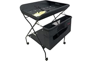 HOLY CAT Baby Protable Changing Table with Wheels, Adjustable Height Folding Infant Diaper Station Mobile Nursery Stand with Newborn Lightweight Large Storage Rack - Black