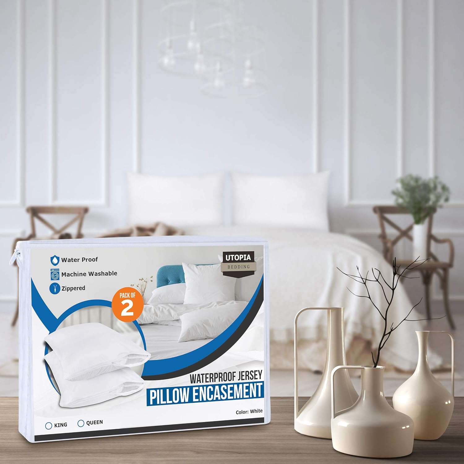Utopia Bedding Waterproof Zippered Pillow Encasement – Pillow Protectors Jersey - 20 x 28 Inches - Bed Bug Proof (Pack of 2, Queen/Standard, White): Home & Kitchen
