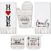 Rtteri 5 Pcs Farmhouse Dish Towels Pot Holders Oven Mitts Set 2 Vintage Wood Planks Kitchen Towels 1 Mittens Oven Glove 2 Potholders for Cooking Baking Grilling Supply Holiday, Housewarming Gifts