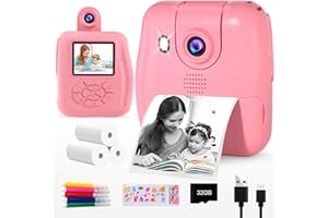 GKTZ Kids Camera Instant Print - 1080P HD 0 Ink Instant Print Photo - Christmas Birthday Gifts for Age 3-8 Girls Boys - Portable Toy with 3 Rolls Photo Paper, 5 Color Pens, 32GB Card - Pink