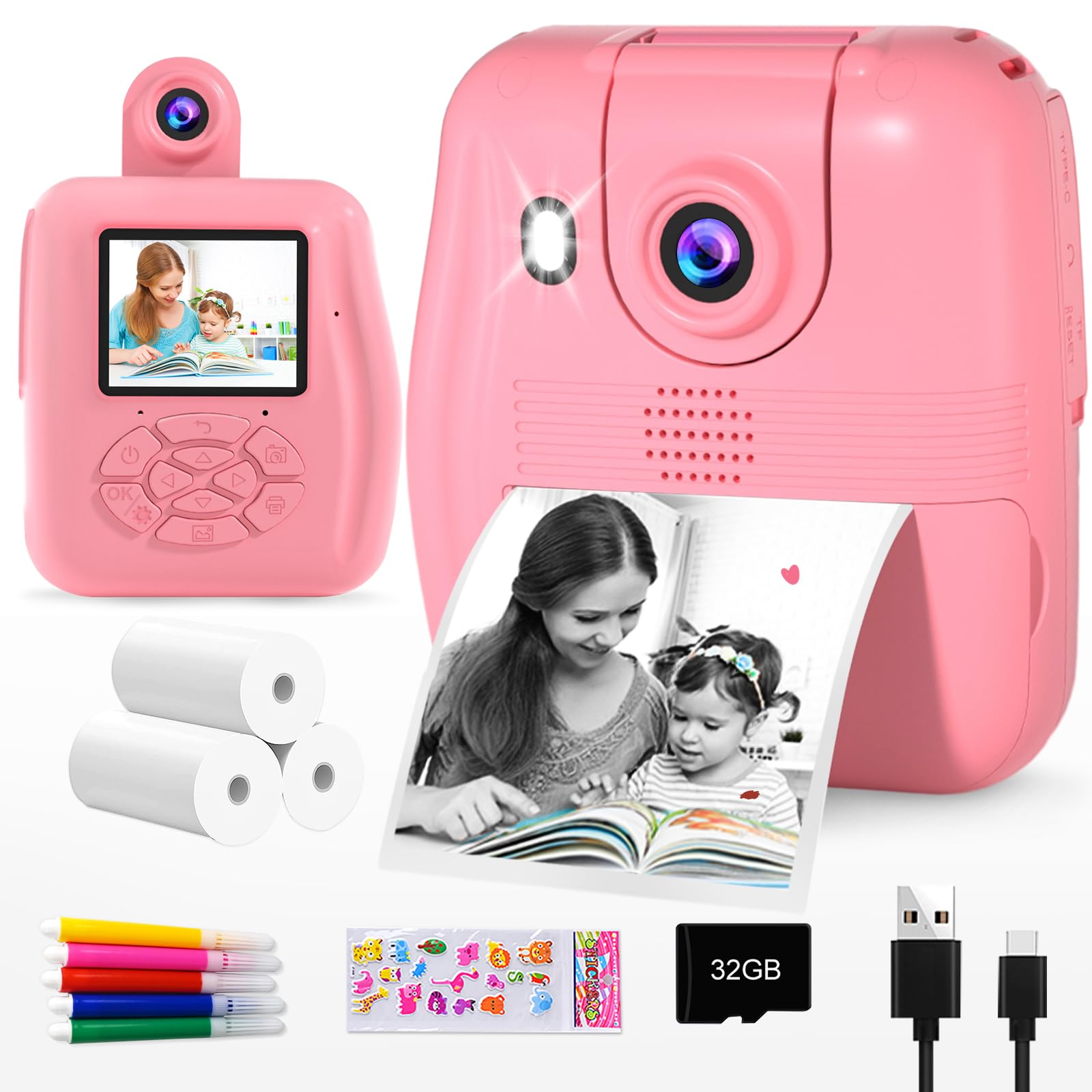 GKTZ Kids Camera Instant Print - 1080P HD Instant Print Photo - Christmas Birthday Gifts for Age 4 5 6 7 8 9 10 Girls Boys - Portable Toy with 3 Rolls Photo Paper, 5 Color Pens, 32GB Card - Pink