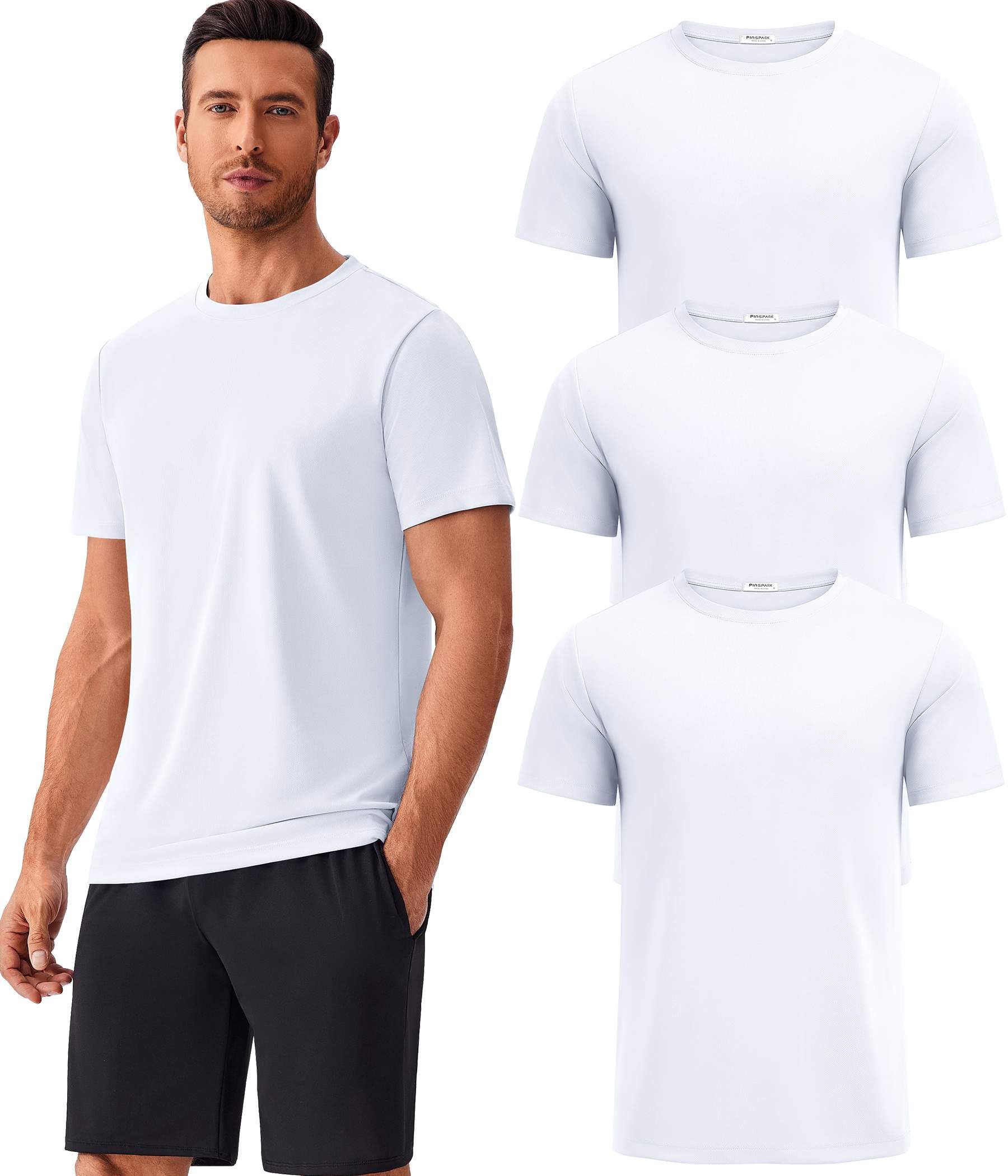 PINSPARK Men's 3 Pack Workout Shirts Quick Dry Moisture Wicking Crewneck Tee Shirt Mesh Athletic T-Shirts