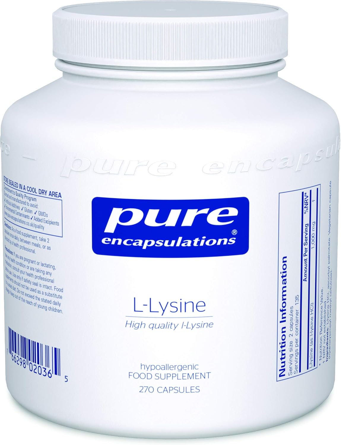 Pure Encapsulations L-Lysine 500mg - Hypoallergenic Essential Amino Acid Supplement - 270 Vegetarian Capsules