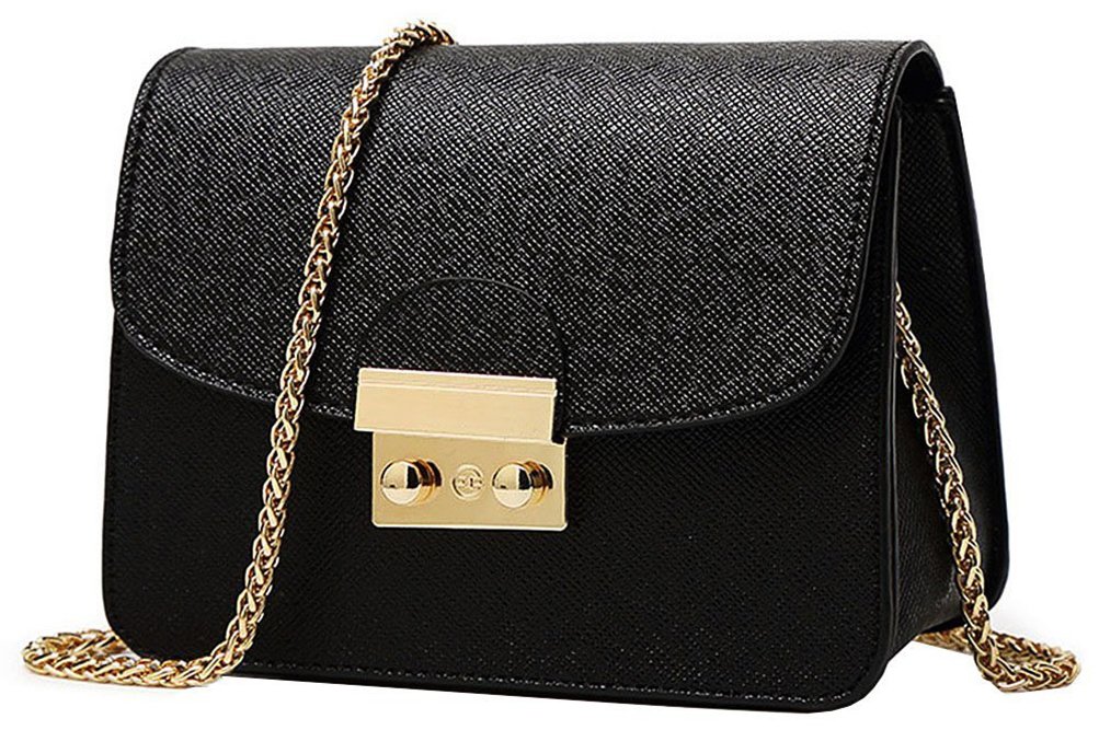 Women Handbag Solid Color PU Leather Clutch Purse with Chain Mini Shoulder Strap Black