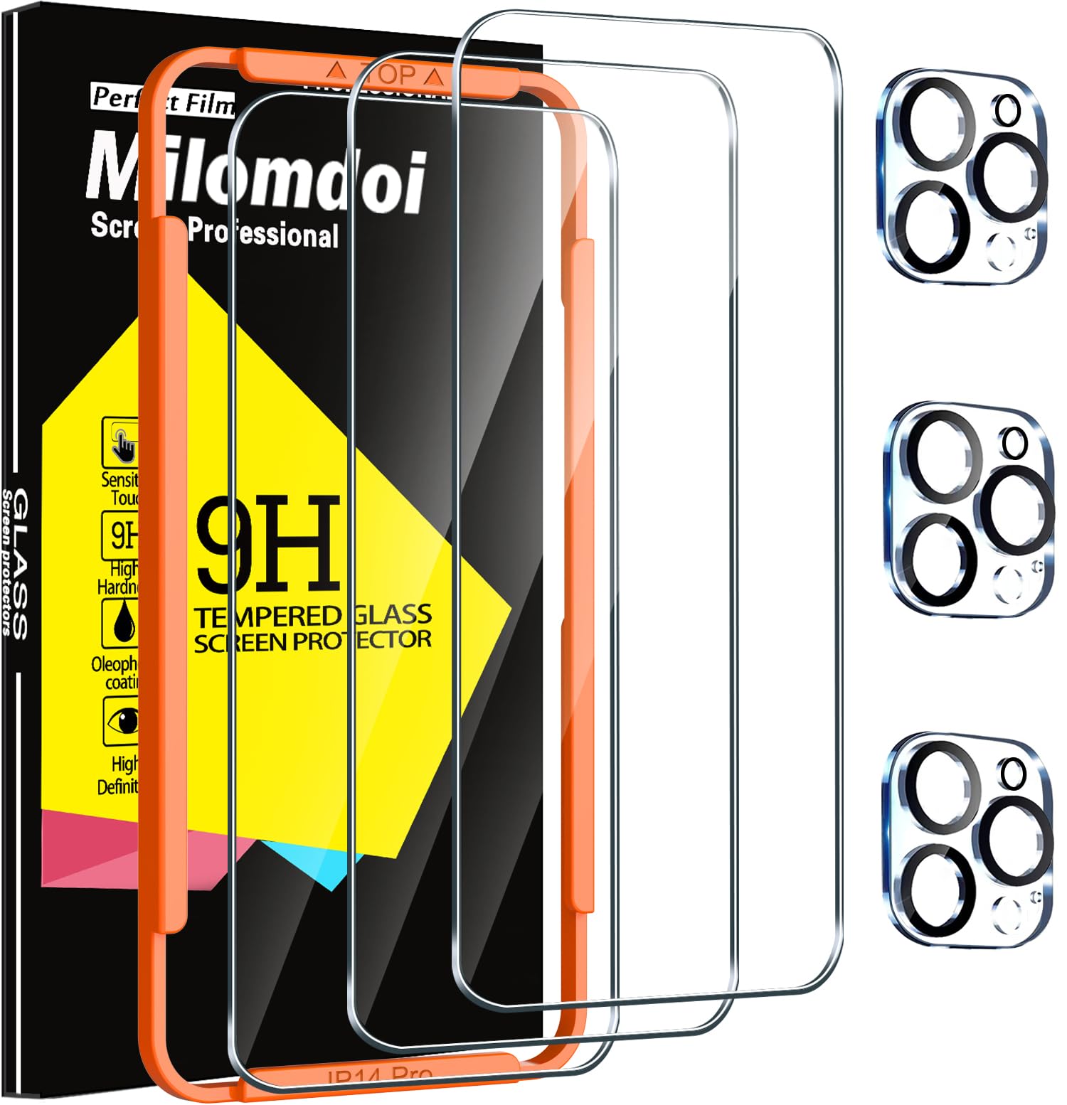 Milomdoi 3 Pack Screen Protector for Apple iPhone 14 Pro with 3 Pack Tempered Glass Camera Lens Protector, Ultra 9H Accessories, Case Friendly, Mounting Frame, 2.5D Curved, Transparent