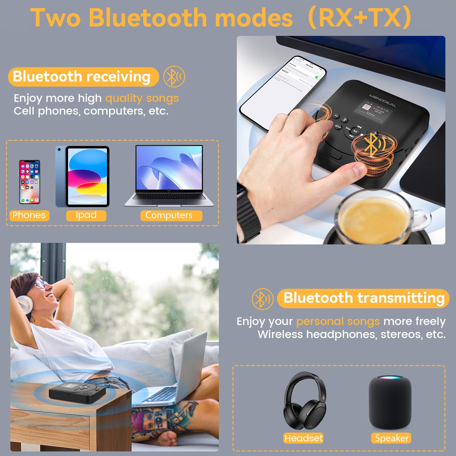 CD Player Portable,MONODEAL Bluetooth CD Player with Speakers and FM Transmitter,Support TF Card,Rechargeable Player for Car/Home with 2.0“ TFT Screen