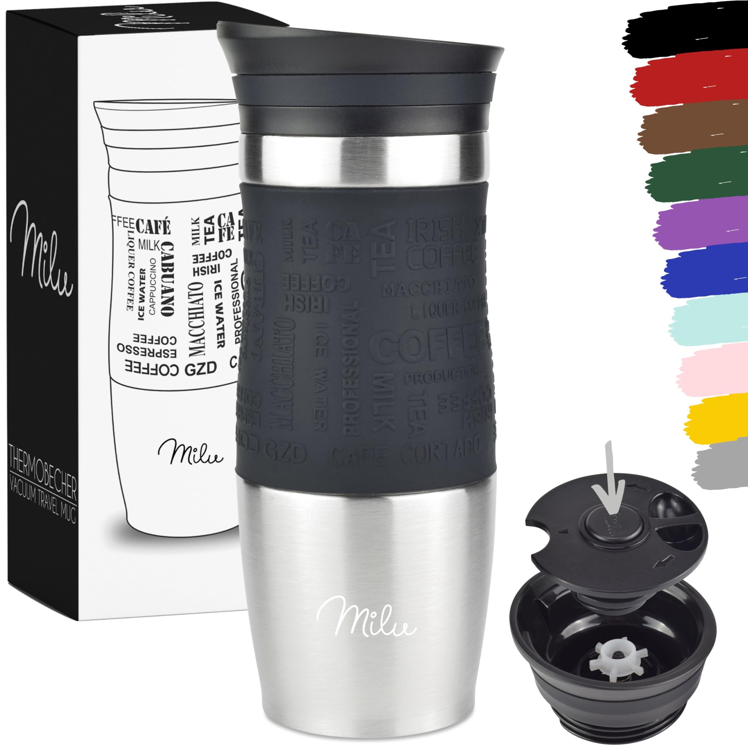 Milu Travel Mug 370ml 450ml - Insulated Coffee Cup to go - 100% Leak Proof - Stainless Steel Drinking Mug - Car Mug Double Wall Insulation Thermo Coffee Flask (Black, 370ml) — image 1