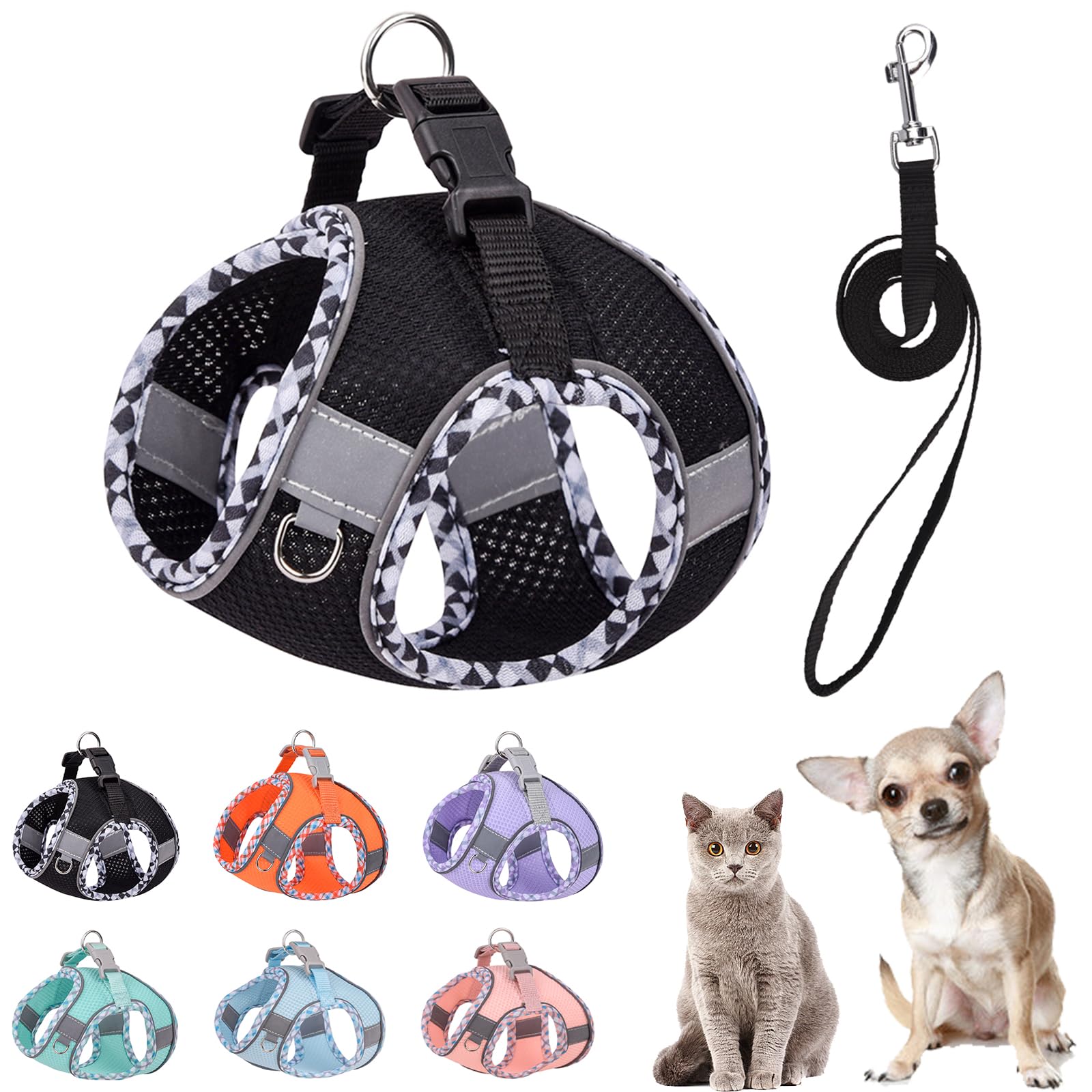 Photo 1 of PETPUBGNZS Cute Plaid No Pull Dog Harness for Small Dogs Soft Mesh Small Dog Harness and Leash Set Easy Walk Step in Puppy Harness Vest Pet Cat Chihuahua Yorkie Shih Tzu Dog Harnesses (Black,XS)