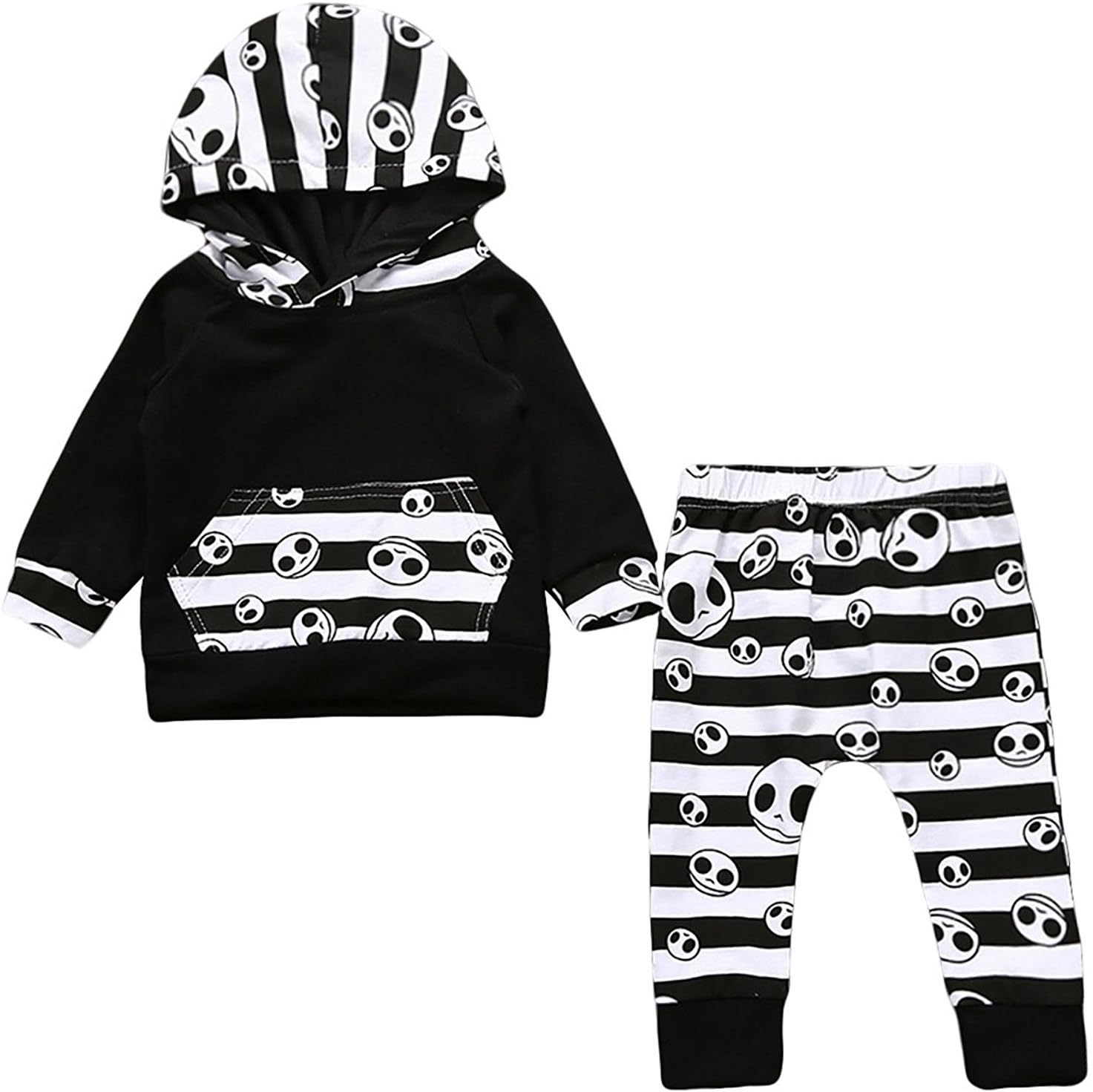 Newborn Baby Boys Girls Skull Bone Hoodie Legging Pants Outfit Set (Black, Label 70/0-6mons.)