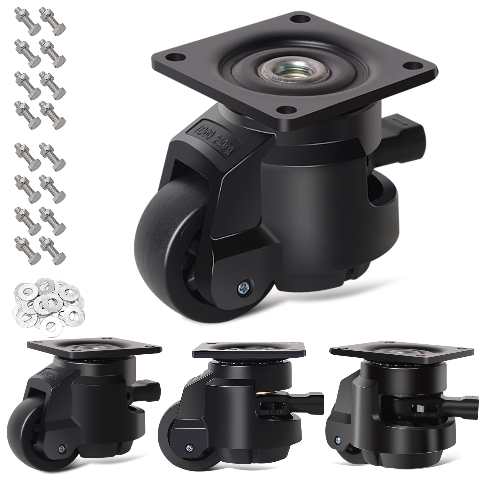 RRIUTO Leveling Castors with Adjustable Ratchet Handle, 4 Heavy Duty Furniture Castor up to 1000kg, 50MM Retractable Transport Wheels Swivel Castors 360° Rotation, Industrial Castor for Workbenches
