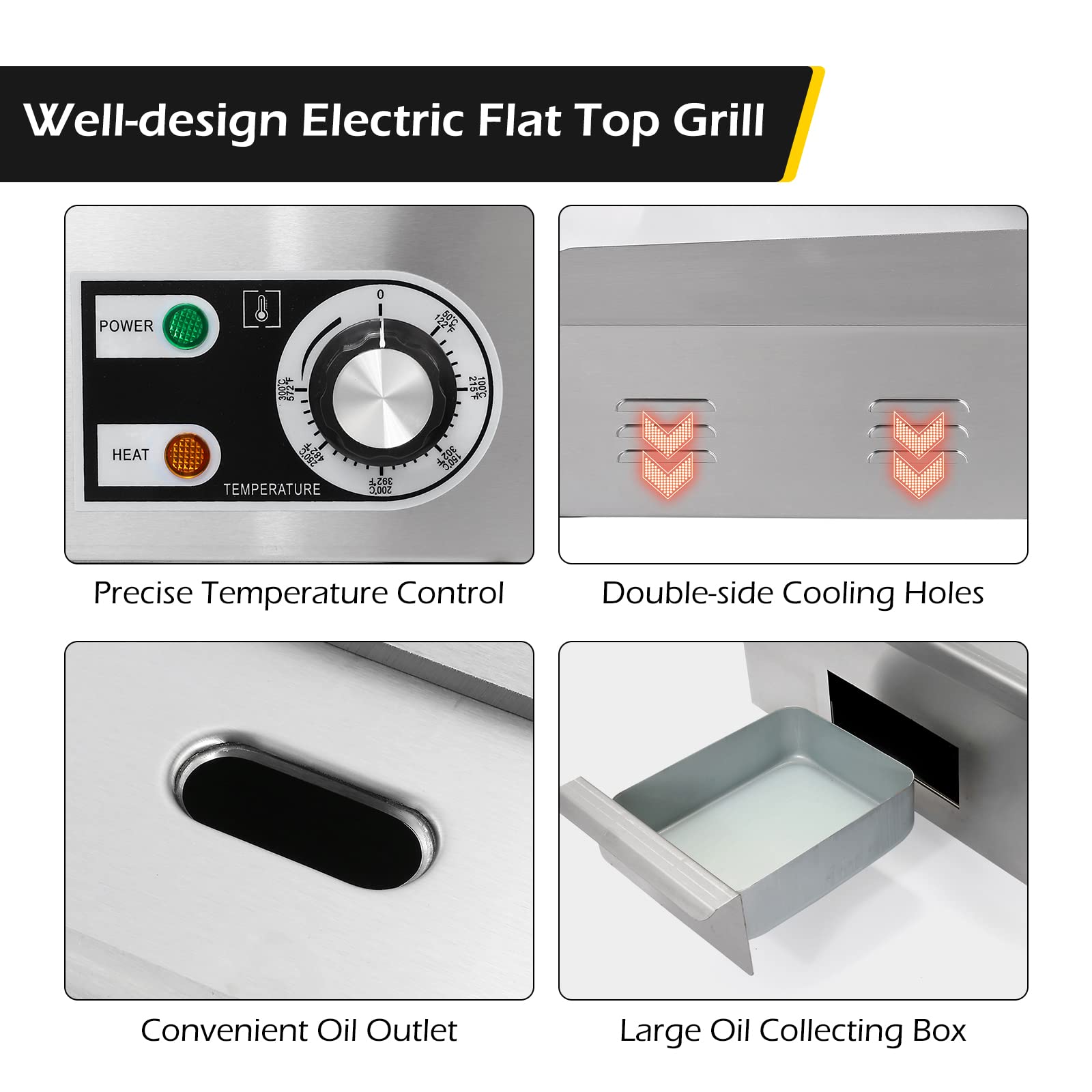 Dyna-Living Commercial Electric Griddle 22'' Flat Top Grill Countertop 3000W Stainless Steel Electric Griddle Nonstick Commercial Flat Top Griddle Countertop Grills, 122°F-572°F Temp Adjustable