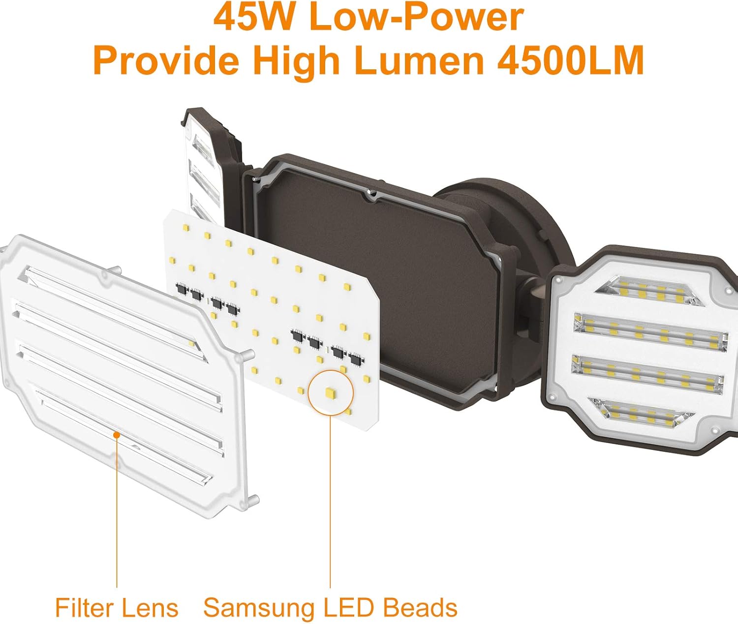 LEPOWER 4500LM LED Flood light Outdoor, Switch Controlled LED Security Light, 45W Super Bright Exterior Outdoor Light, 5000K, ETL Certificated, 3 Adjustable Head IP65 Waterproof for Garage, Porch, Yard - - 
