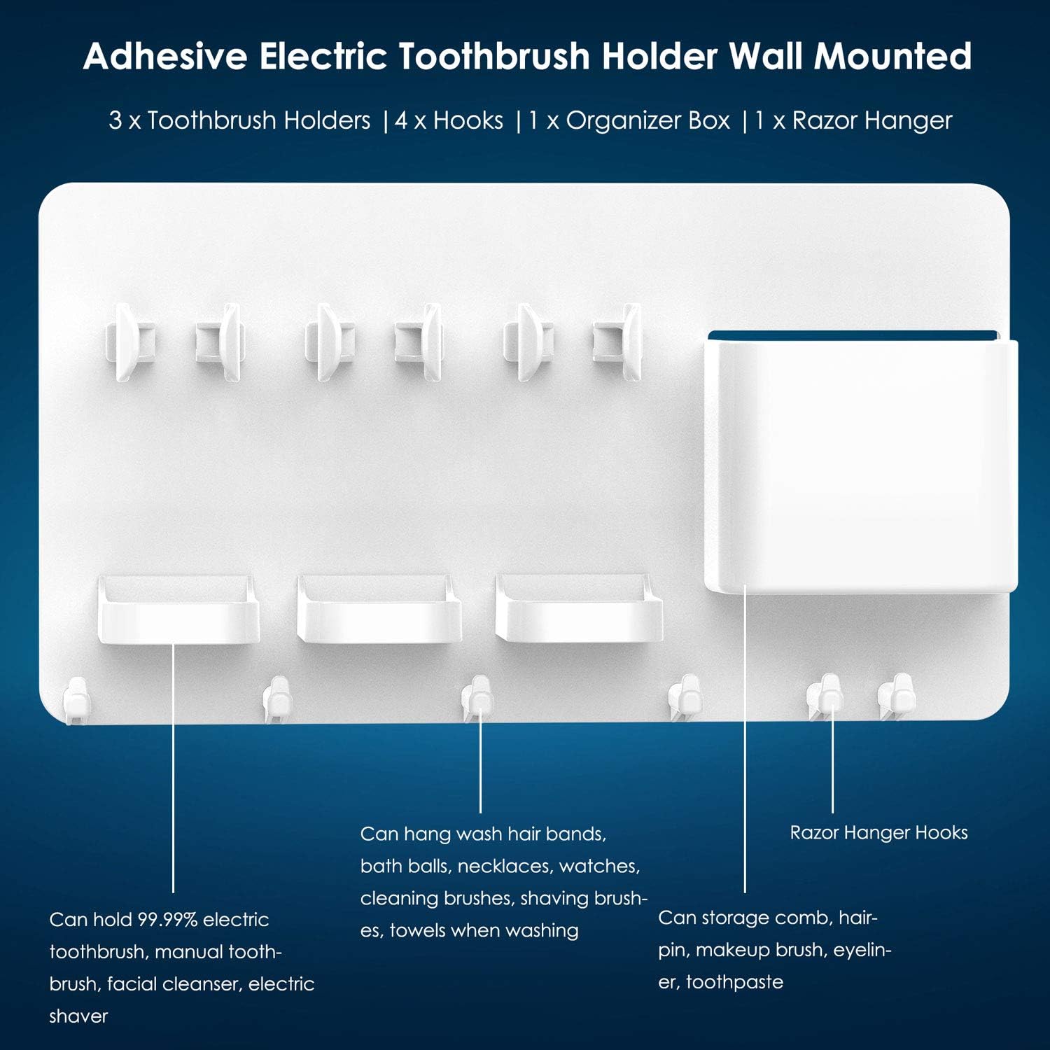 simpletome Adhesive Electric Toothbrush Holder Wall Mounted Razor Hanger Bathroom Organizer Box ABS (White) - Image 4