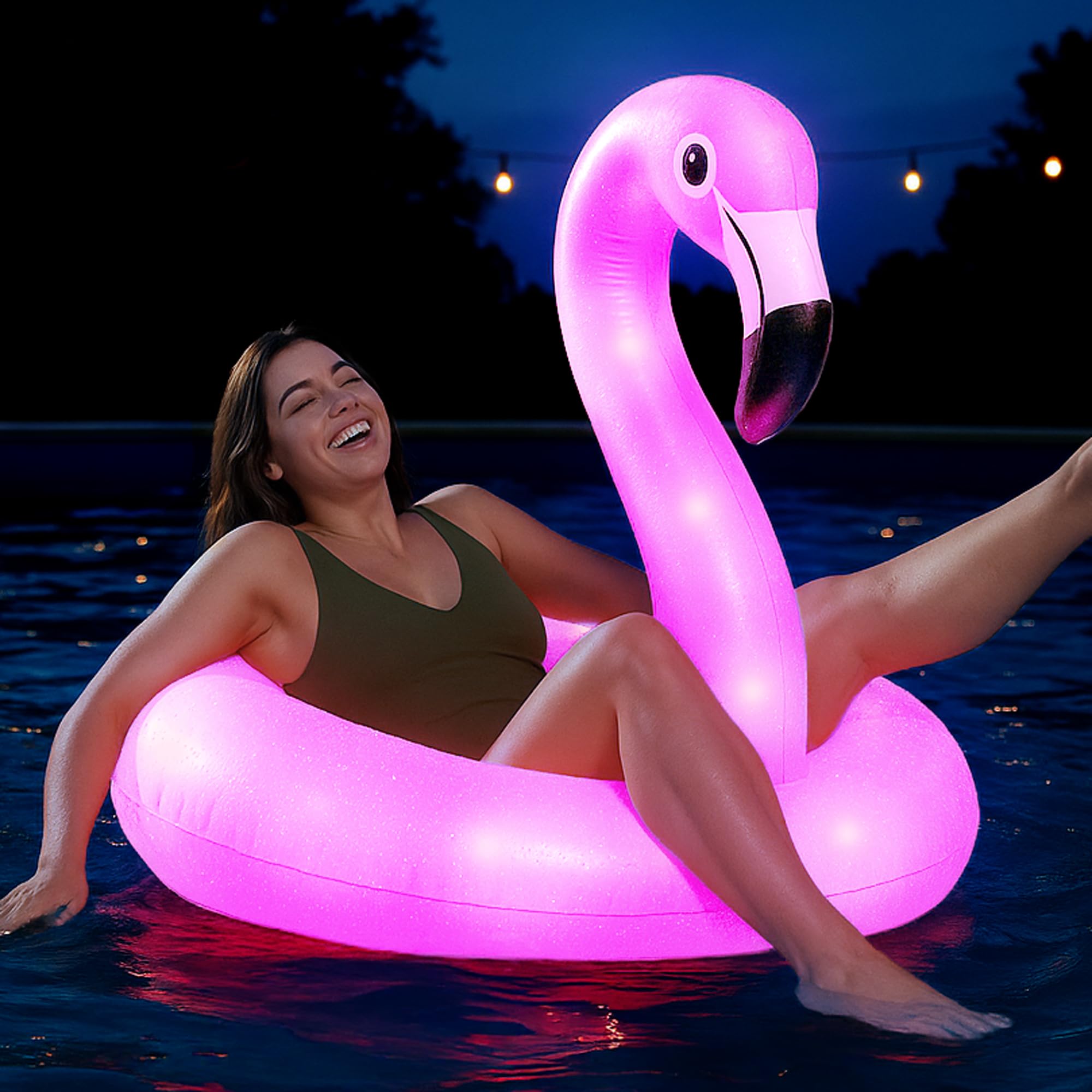 Photo 1 of Floatify Flamingo Pool Float with LED Lights - Tropical Pool Floaties - Inflatable Pool Party Decorations and Pool Accessories - Battery-Powered Swimming Float