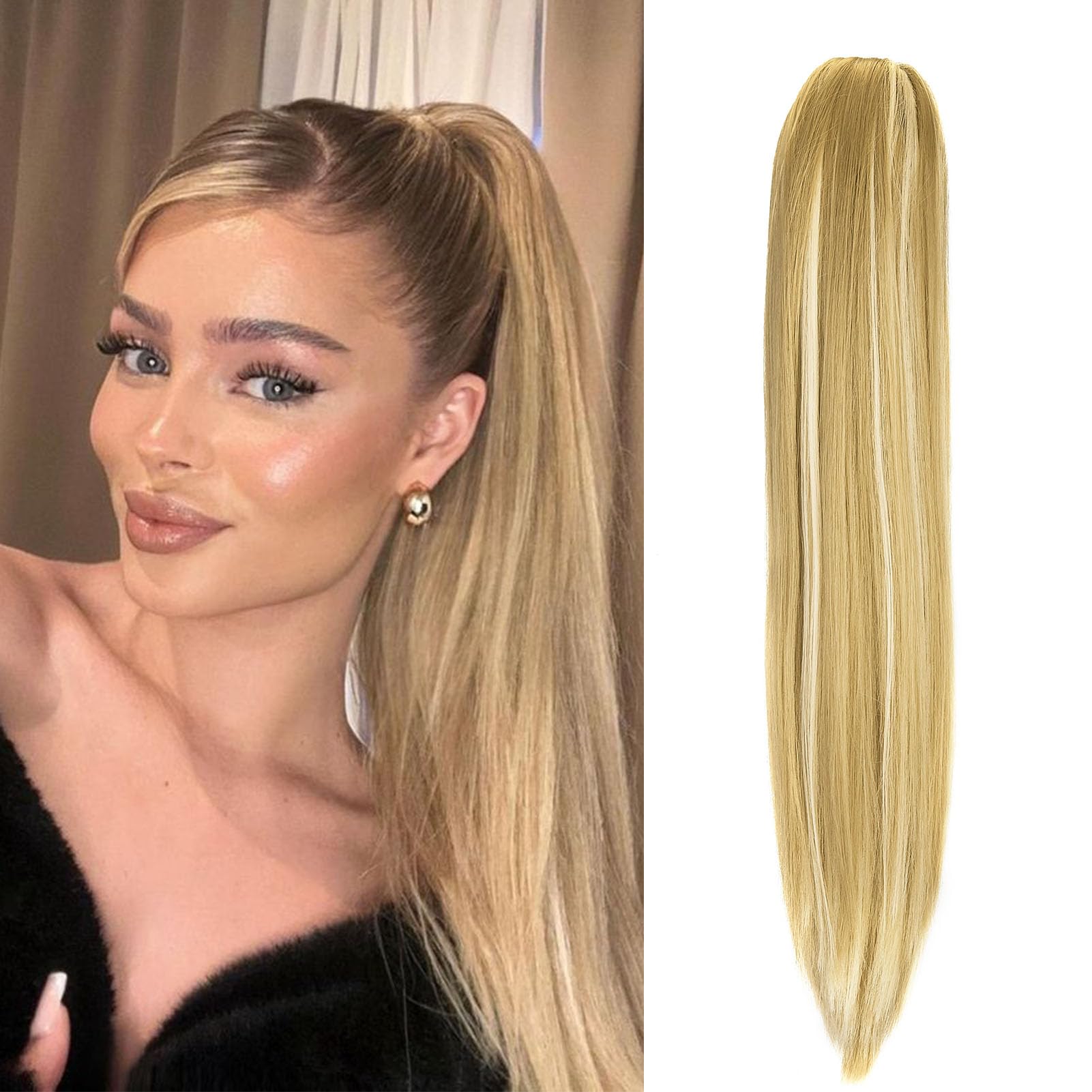 Cybelleza 20inch Ponytail Hair Extensions Straight Ponytail Claw Jaw on Long Straight Pony Tails Clip in Hair Extensions Synthetic Hair pieces for Women, Sandy Blonde & Bleach Blonde — image 1