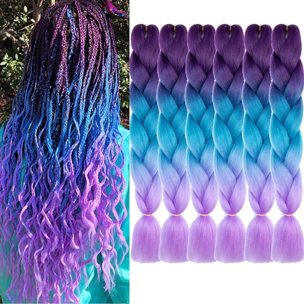Ombre Braiding Hair Extensions, 6Pack/Lot High Temperature Synthetic 24inch Pre Stretched Braiding Hair for Box Braids (Dark Purple-Lake Blue-Light Purple) — image 1