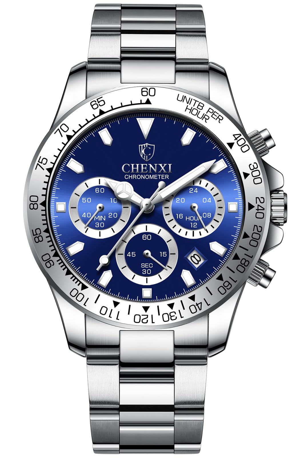 FANMIS Mens Luxury Wrist Watches Luminous Chronograph Calendar Analog Quartz Stainless Steel Fashion Waterproof Watch, Blue, Men's standard, Chronograph,Quartz Movement