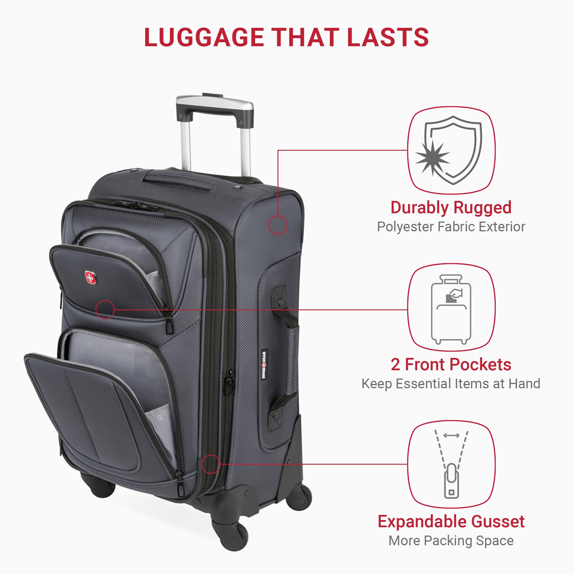SwissGear Set Valigie Sion 3 Pezzi (21/25/29 Pollici) – Tessuto Resistente, Ruote 360° E Maniglia Telescopica, Grigio Scuro