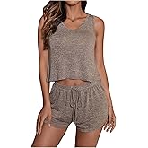 SOLY HUX Women's 2 Piece Pajama Set V Neck Crop Tank Top and Drawstring Shorts Loungewear