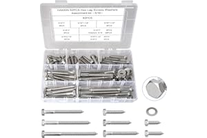 5/16" Hex Lag Bolts Screws Washer Assortment Kit 1" 1-1/4" 1-1/2" 2" 2-1/2" 3" 3-1/2" 4",92Pcs Stainless Steel Lag Screws,Heavy Duty Hexagon Head Lag Bolt Wood Screws Washer Kit by Hakkin