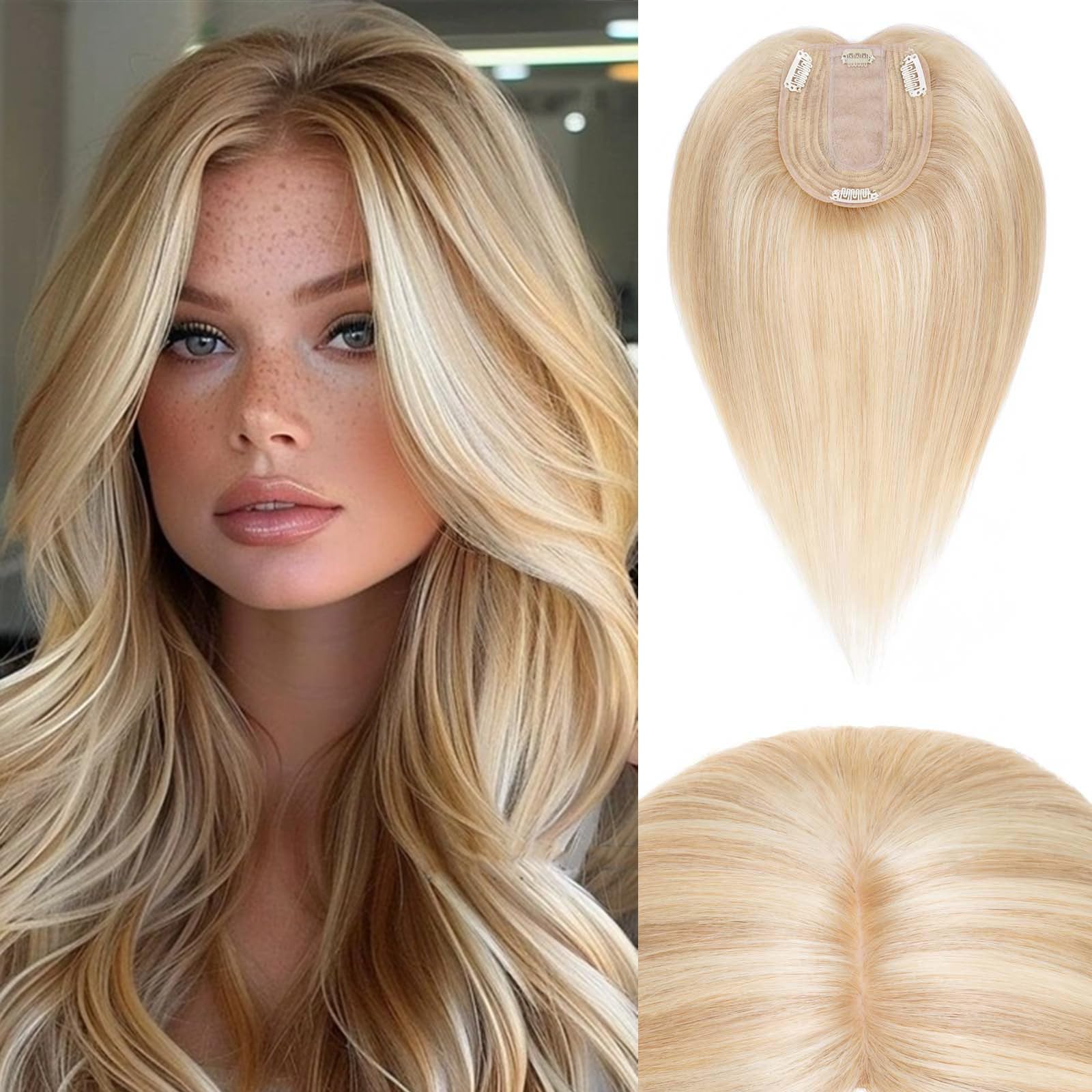 Photo 1 of Rich Choices Hair Toppers for Women Real Human Hair 100% Human Hair Topper For Women Clip in Remy Hair Toppers with Thinning Hair Silk Base 10 Inch #18P613 Ash Blonde Highlights Bleach Blonde