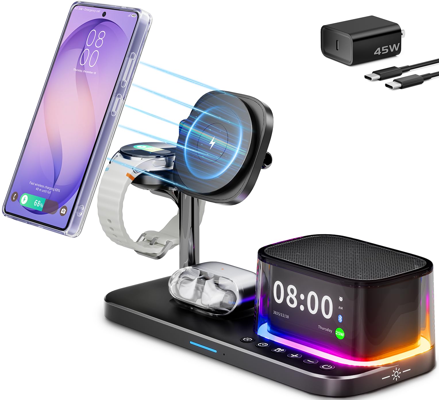 Photo 1 of 25W Magnetic Charging Station for Samsung S26 Ultra,Alarm Clock/Night Light/Bluetooth Speaker,6-in-1 Fast Wireless Charger Compatible with Magsafe for S26 Plus/S25/Z Fold7 & Galaxy Watch Ultra 8/7/6